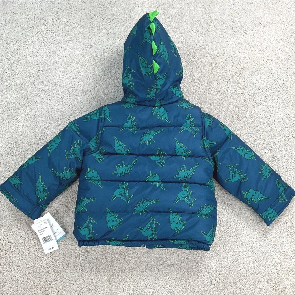 Carters Toddler Boys 2-Piece Dinosaur Snowsuit Teal Blue Puffer‎ Jacket Bibs 3T